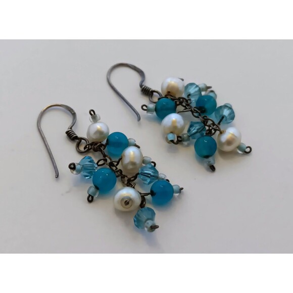 Sterling Silver Chalcedony & Pearl Cluster Dangle Earrings 1.5 in - Picture 3 of 13